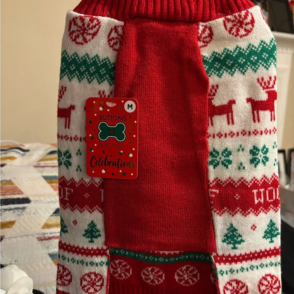 Celebrations Buttons & Bones Festive Red and Green Dog Sweater BNWT